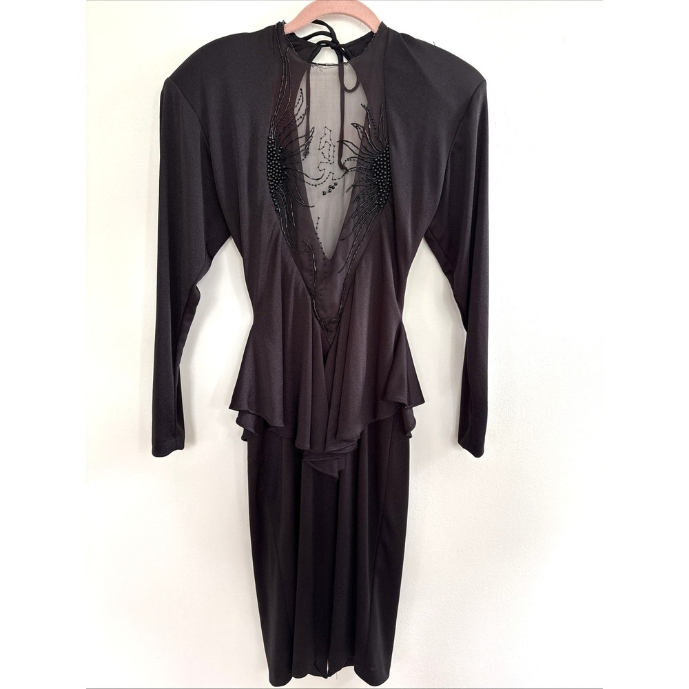 VTG Climax Karen Okada David Howard Black Beaded Peplum Dress 80s 4981‎ Size 7/8